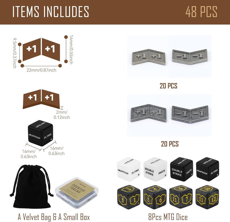 FIGURESLAB Store 48Pcs MTG Antique Metal Buff Counter Tokens & MTG Keyword/Counters Dice Set, Magic Creature Stats or Loyalty Counter for TCG Card Gaming Accessories with Velvet Bag & Box - Image 2